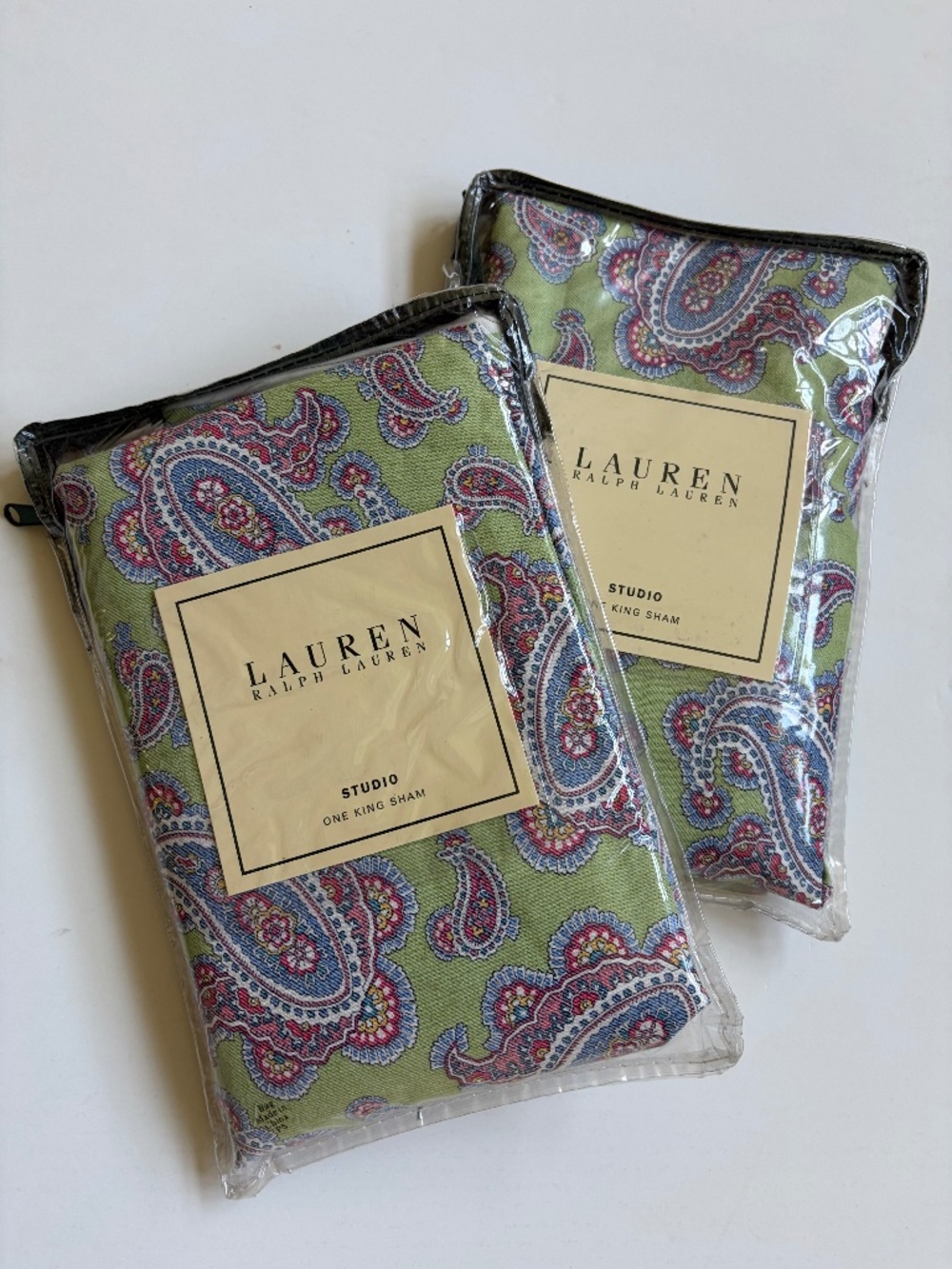 2 Ralph Lauren Greenvale Paisley 100% Cotton KING Pillow Shams in Green + Purple
